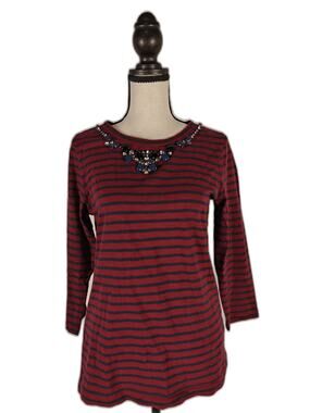 Women’s, J.Crew, Jeweled-Neck Striped 3/4-Sleeve Top, Burgundy/Navy, Small